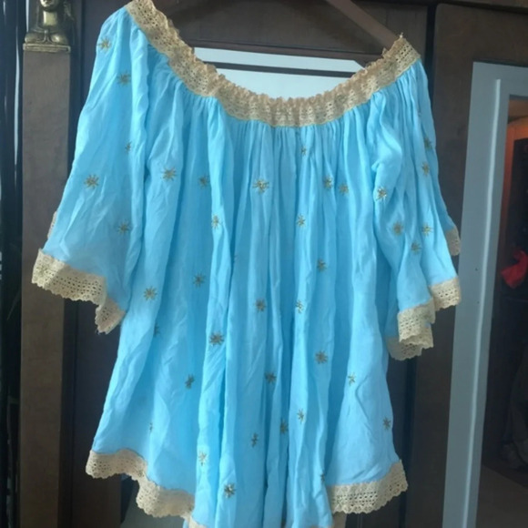 Tunic Embroidered Hippie Turquoise boho tassels L beachwear - Picture 1 of 4